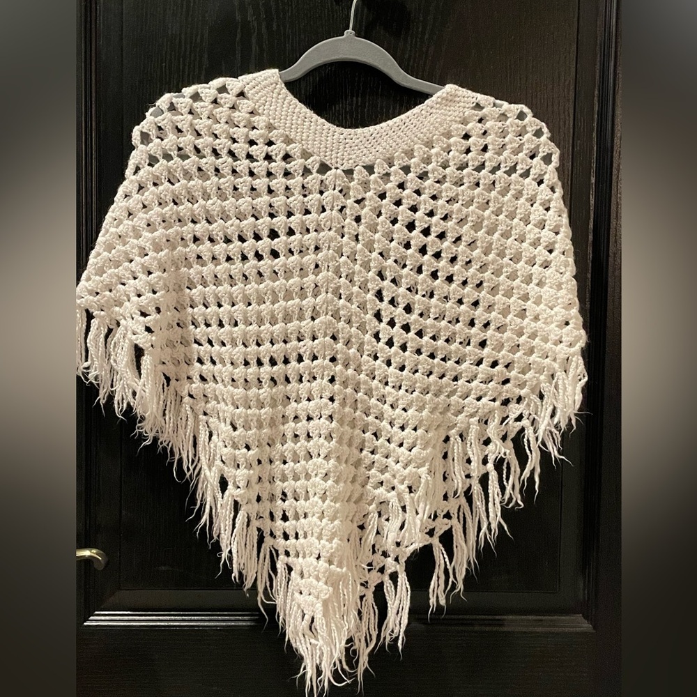 Elegant White Crochet Poncho Sweater